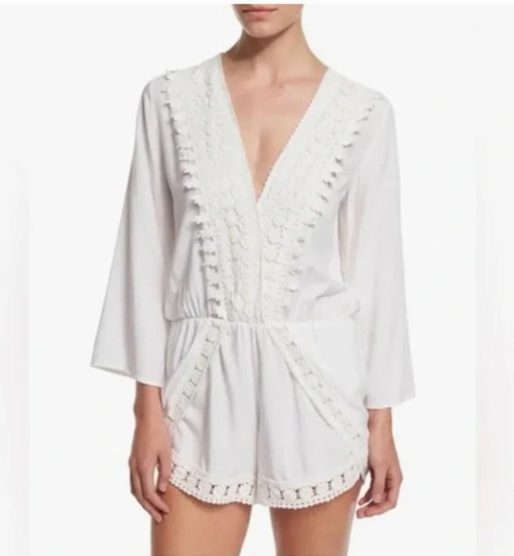 La Blanca White Crochet Lace Trim Romper Swim Coverup // L